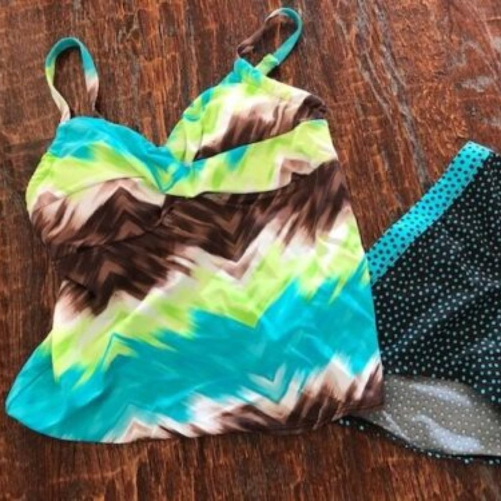 NWT * KIM ROGERS Swimsuit *Lime Brown Turquoise TANKINI Top + BIKINI Bottoms ~ S